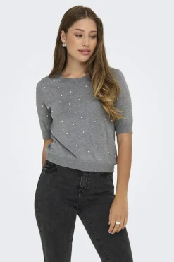 Discount Only Onlvenice Life Ss Pearl O-Neck Knt 4805410 Light Grey Melange White Pearls