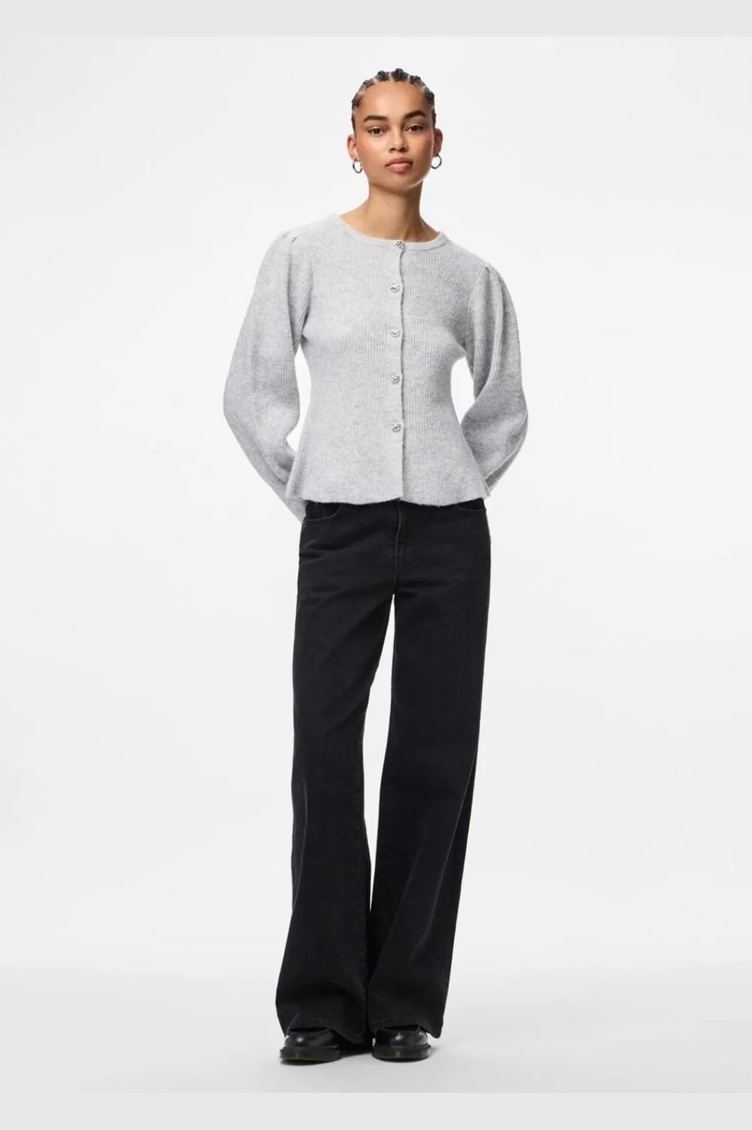 New Pieces Pcannie Ls Knit Cardigan 5077824 Light Grey Melange Silver Button