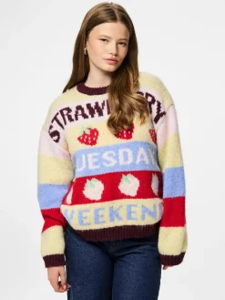 Best Pieces Pcbikka Ls O-Neck Knit 4949295 French Vanilla Multicolor Statements
