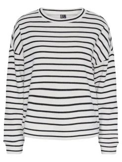 New Pieces Pcchilli Ls Sweat Stripes 4410018 Cloud Dancer Black