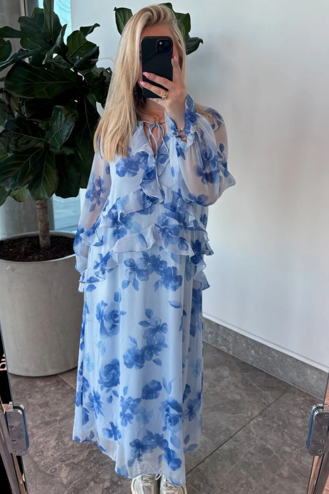 Clearance Pieces Pcclara Ls Long V-Neck Dress 4866095 Cashmere Blue Blue Flowers