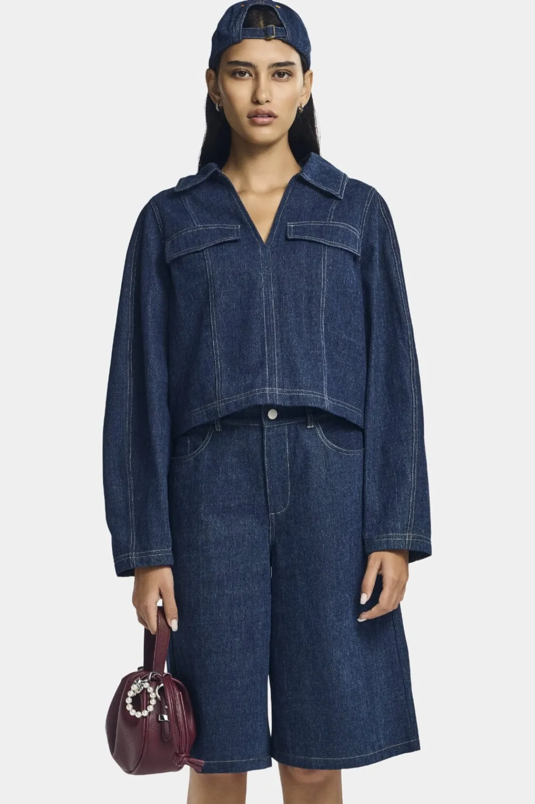 Online Pieces Pcfabia Ls V-Neck Denim Top Fsy 4745558 Dark Blue Denim