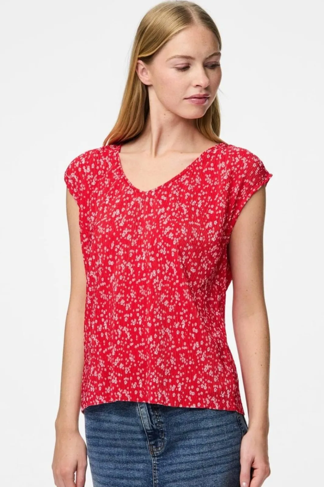 Discount Pieces Pcflora Ss V-Neck Top 4699179 Lollipop Small Flower
