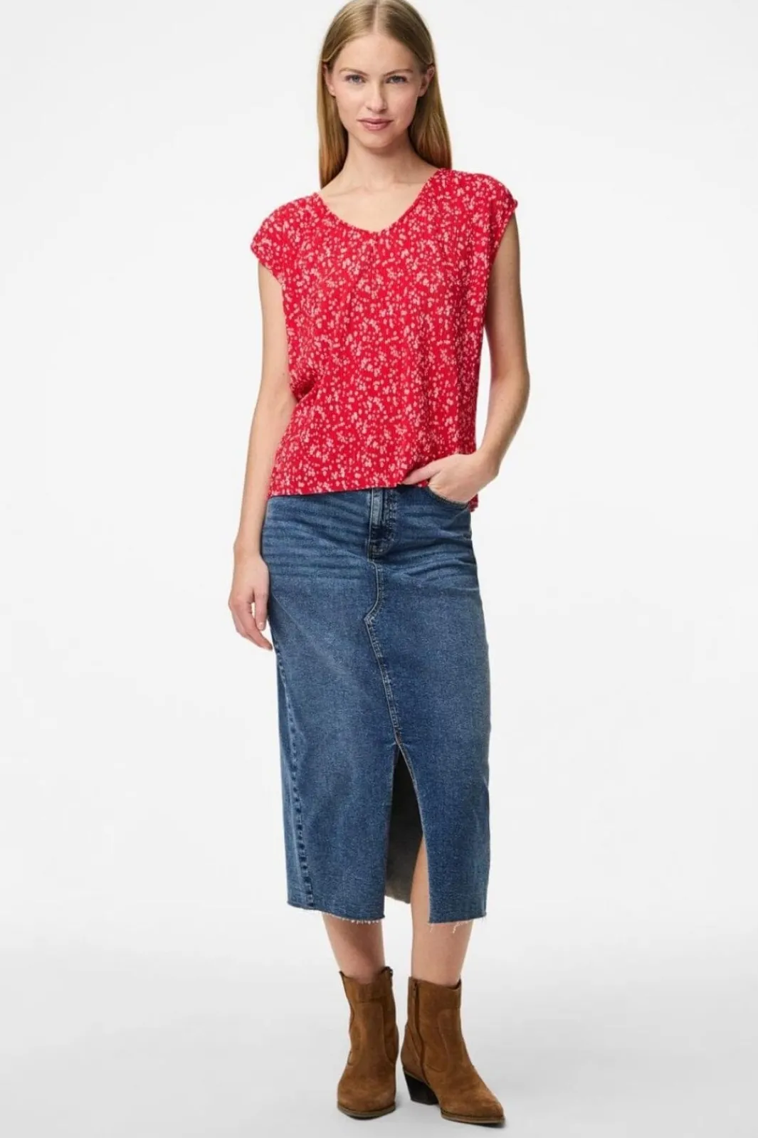 Discount Pieces Pcflora Ss V-Neck Top 4699179 Lollipop Small Flower