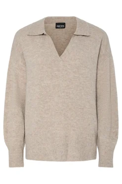 Clearance Pieces Pcmalou Ls Polo Knit 4793870 Taupe Gray Melange