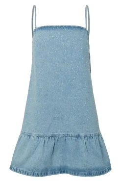 Discount Pieces Pcnoel Short Slip Denim Dress Fsy 4936547 Light Blue Denim Rhine Stones