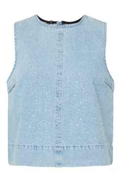 New Pieces Pcnoel Sl O-Neck Denim Top Fsy 4936548 Light Blue Denim Rhine Stones