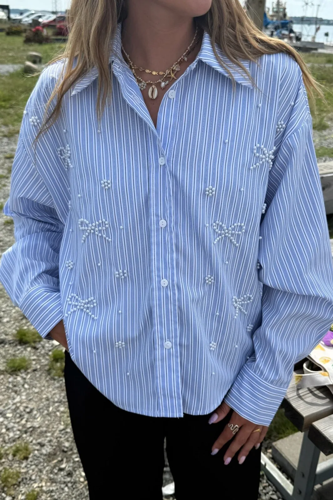 Sale Dear Molly Pearl Bow Shirt 160786C Blue W.black Strip1