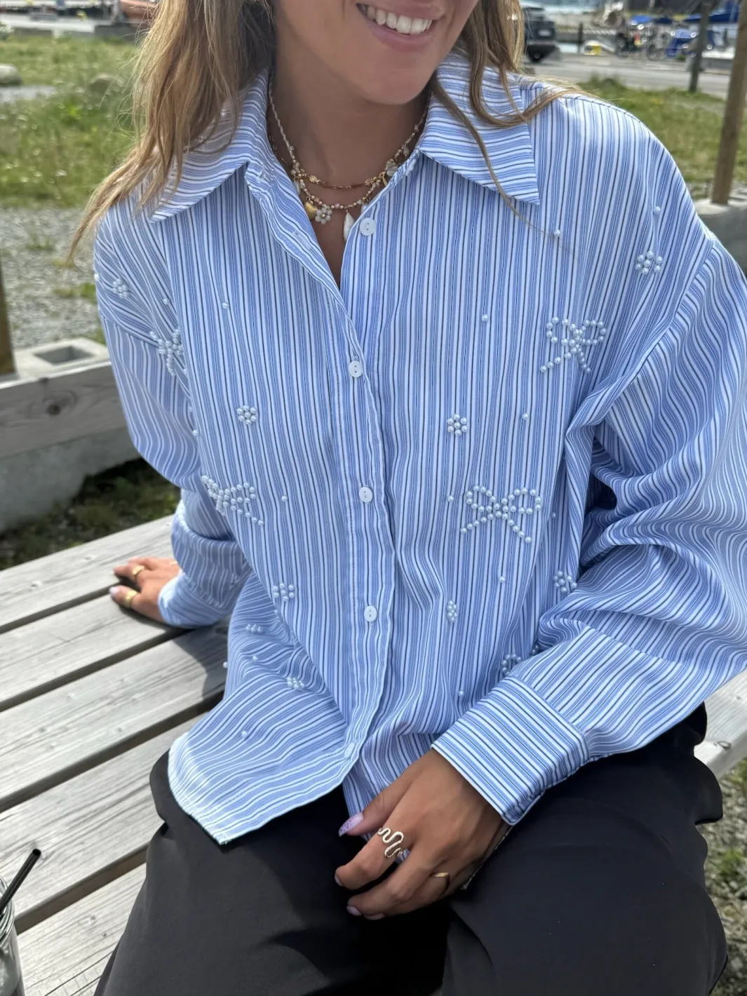 Sale Dear Molly Pearl Bow Shirt 160786C Blue W.black Strip1