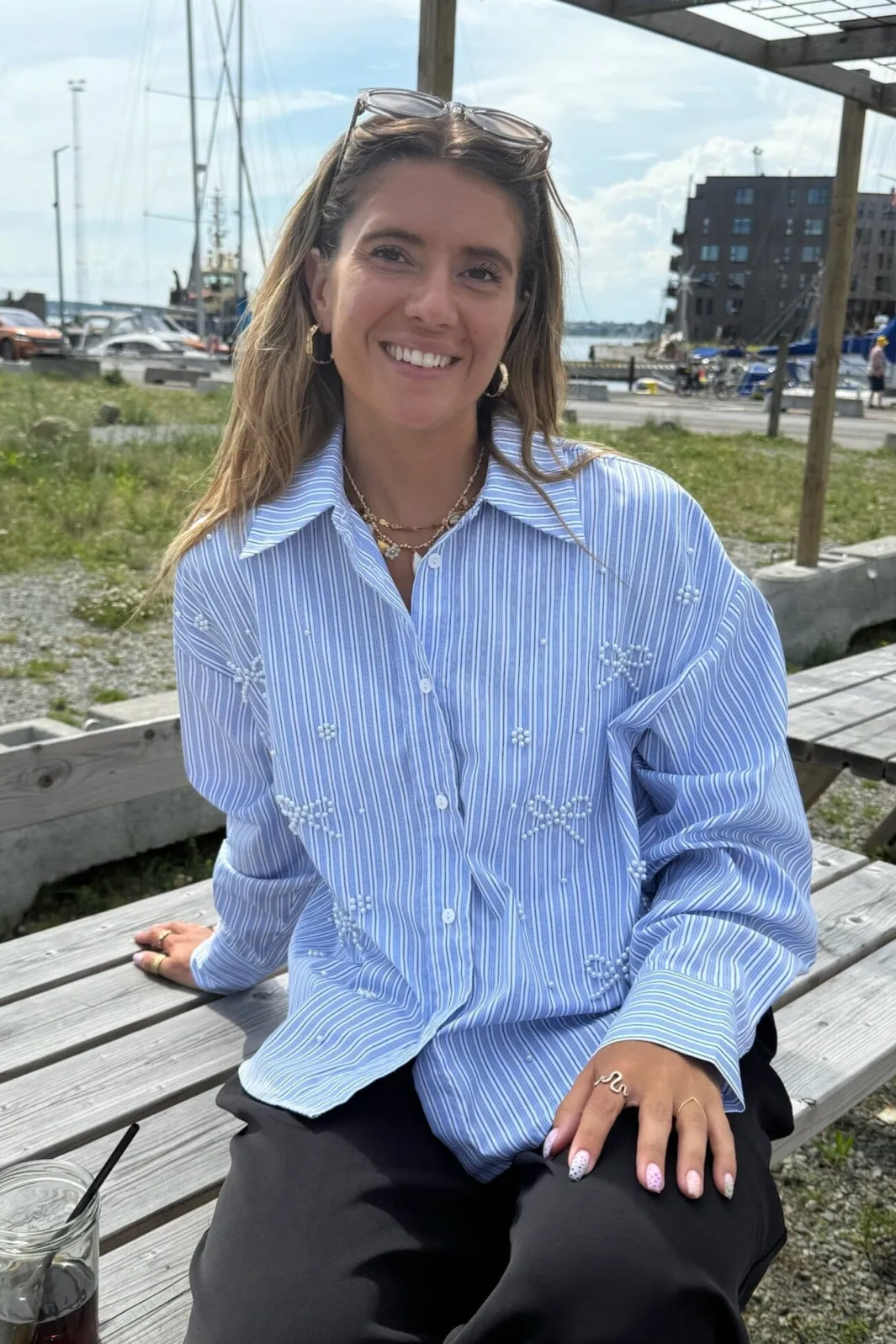 Sale Dear Molly Pearl Bow Shirt 160786C Blue W.black Strip1