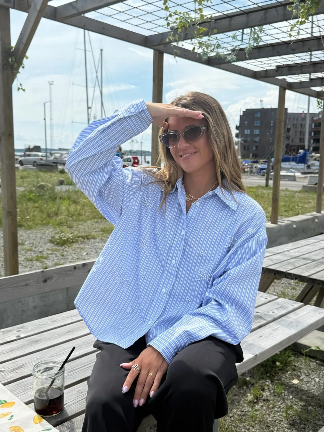 Sale Dear Molly Pearl Bow Shirt 160786C Blue W.black Strip1