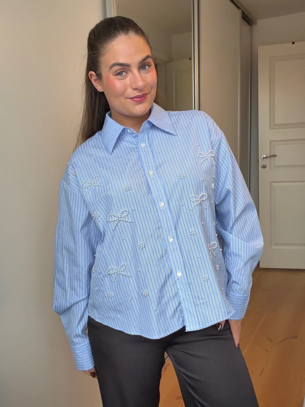 Online Dear Molly Pearl Bow Shirt 160786C Blue W.black Strip