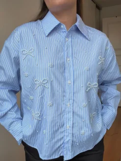 Online Dear Molly Pearl Bow Shirt 160786C Blue W.black Strip
