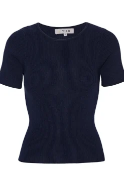 Online A-View Rib Knit Short Sleeve Top 699 Navy