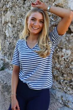 Discount Liberte Ulla-Ss-Vneck-Stripe-Tshirt 21674 Denim Blue White Stripe