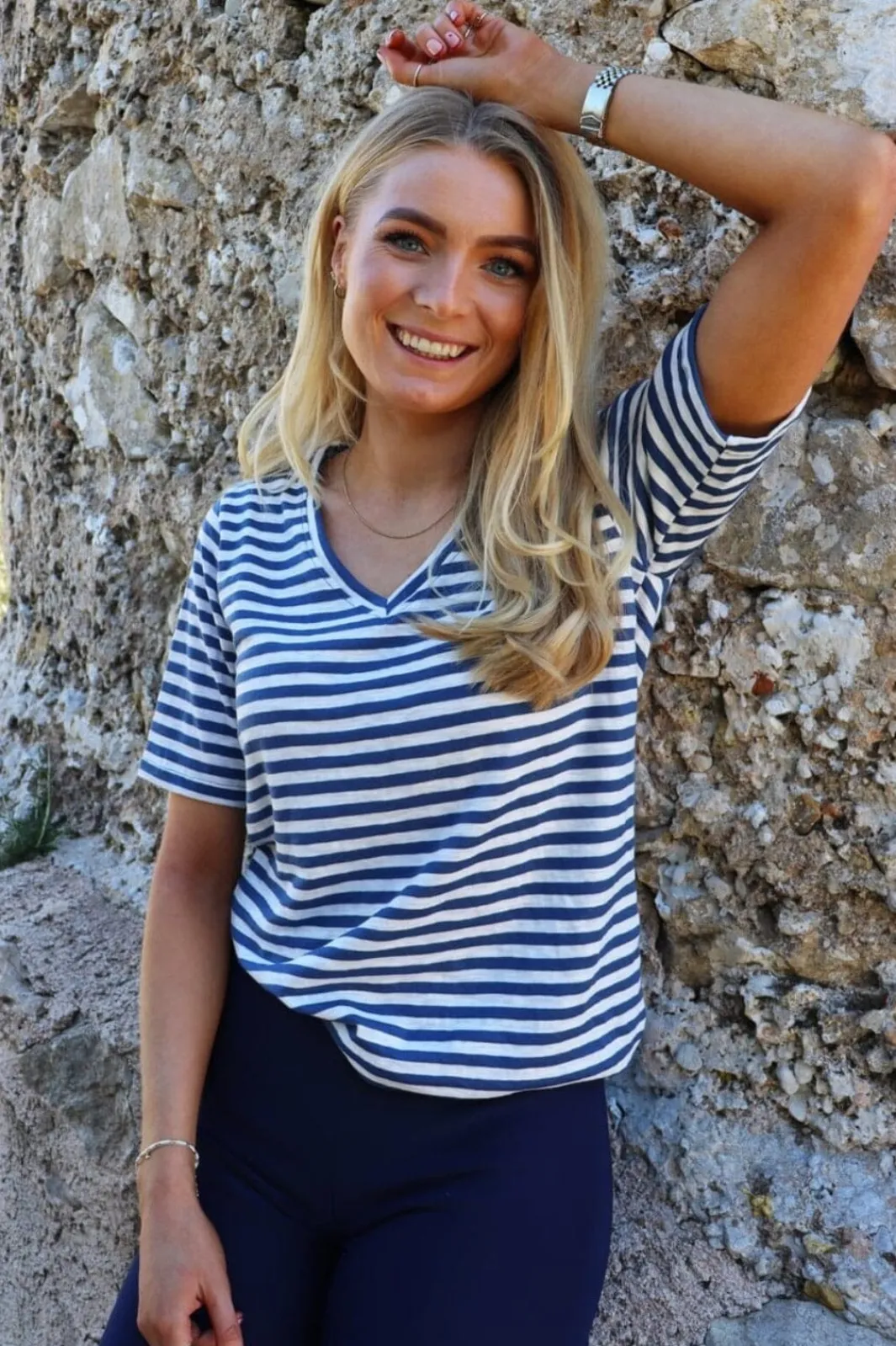Discount Liberte Ulla-Ss-Vneck-Stripe-Tshirt 21674 Denim Blue White Stripe
