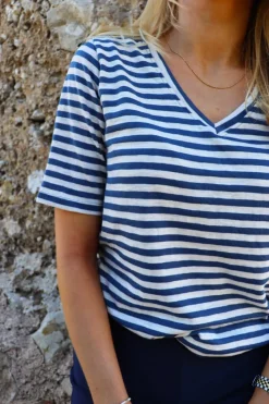 Discount Liberte Ulla-Ss-Vneck-Stripe-Tshirt 21674 Denim Blue White Stripe