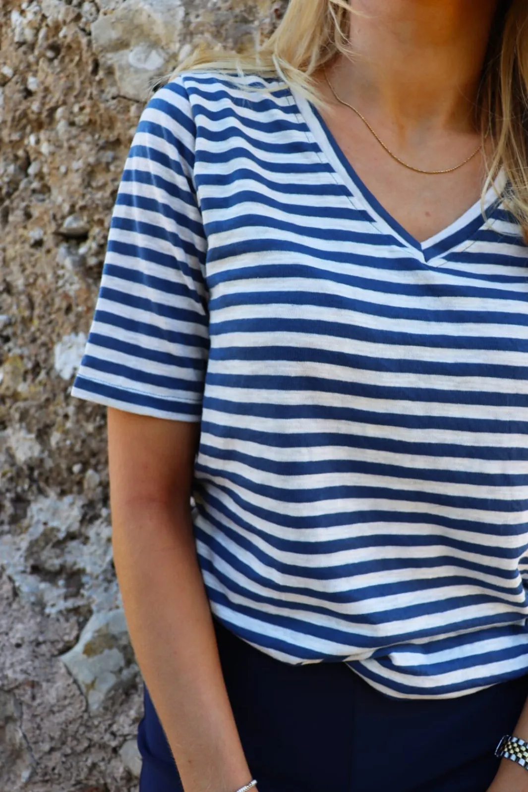Discount Liberte Ulla-Ss-Vneck-Stripe-Tshirt 21674 Denim Blue White Stripe
