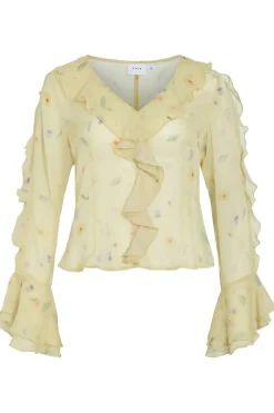 Outlet Vila Viemmy L/S V-Neck Frill Top 5002464 Pale Banana Flower
